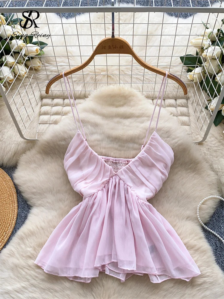 Chiffon Tops Straps Deep V Backless Top Ruffles Short Tank Top Vacation Style Sexy Tops