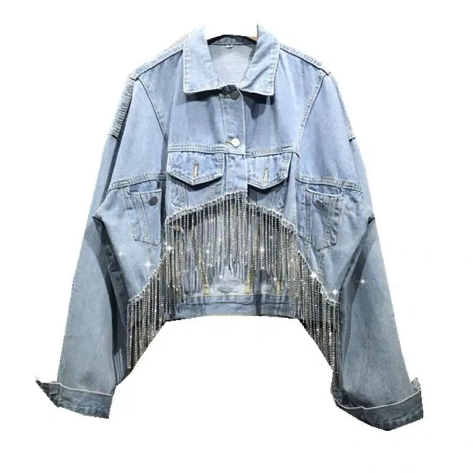 Heavy Industry Rhinestone Tassel Denim Jacket Women Outwear Jacket