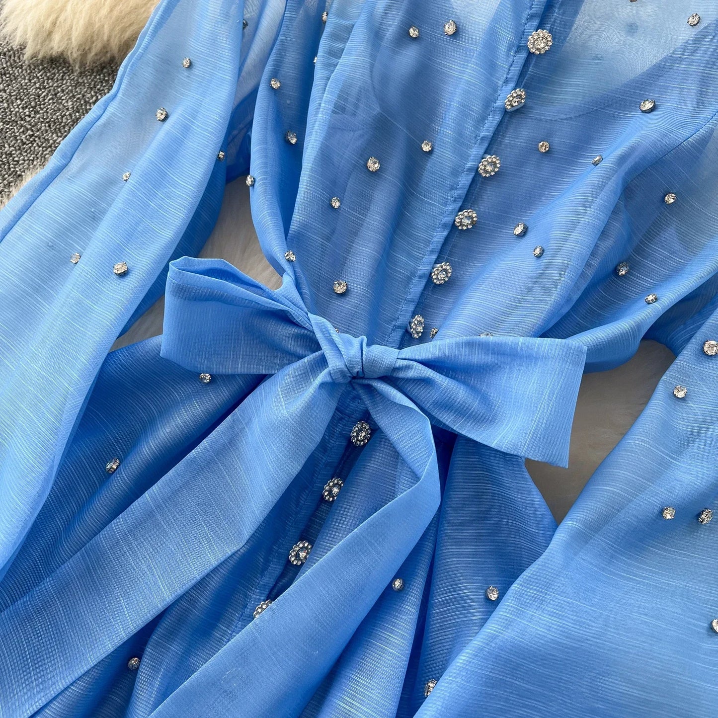 Elegant Lantern Sleeves Vintage Stand Collar Chic Single Breasted Rhinestone Bandage Slim High Street Long Dresses