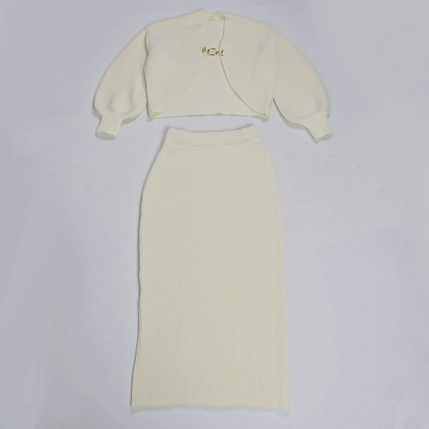 High Quality Elegant Knit Women 2 Piece Set Outfit Hollow Out Lantern Sleeve Crop Cardigan + Long Skirt Suit Streetwear
