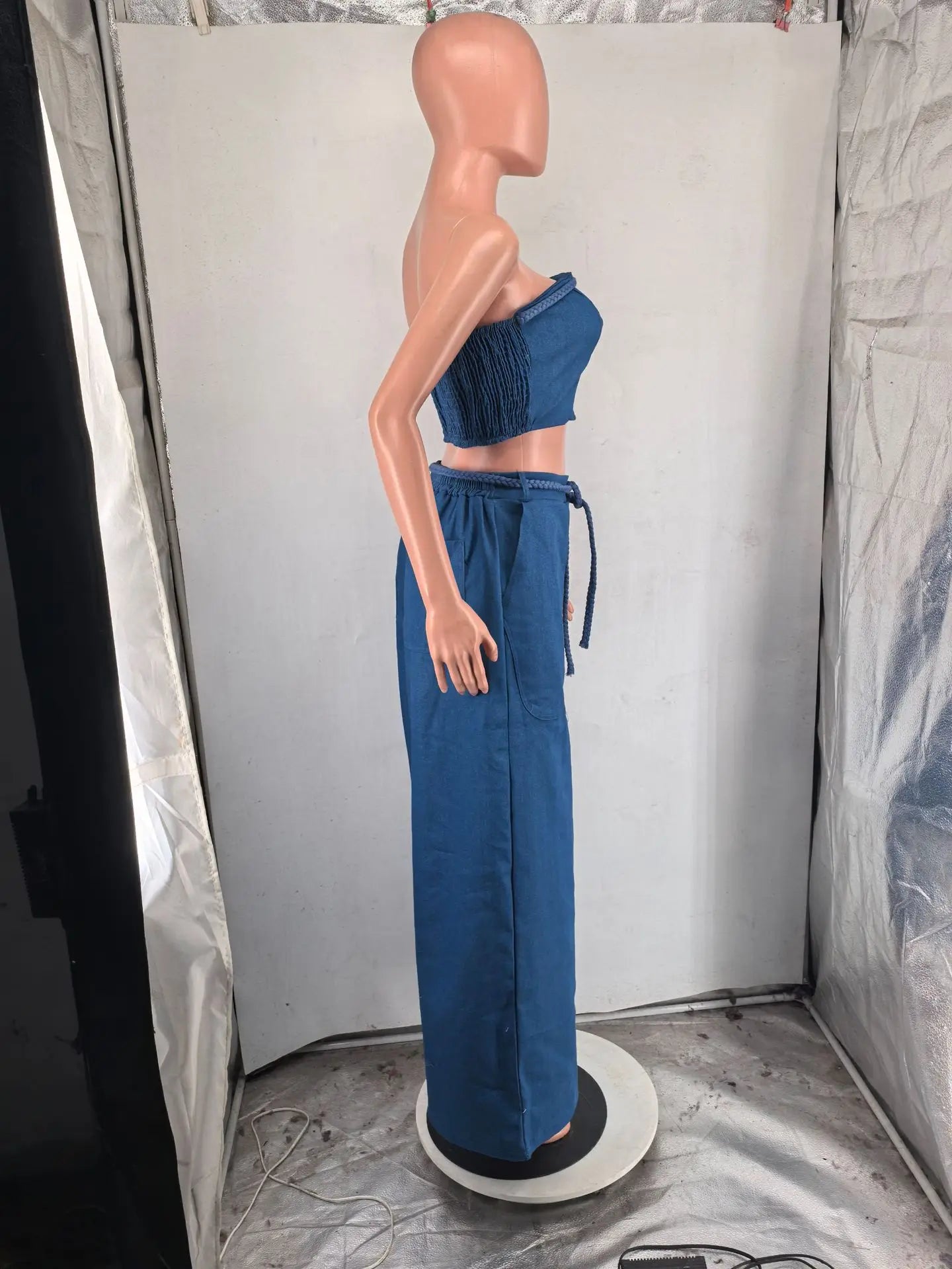 Denim Women's Set Strapless Crop Top and Wide Leg Jeans Pants Two 2 Piece Sets Outfit