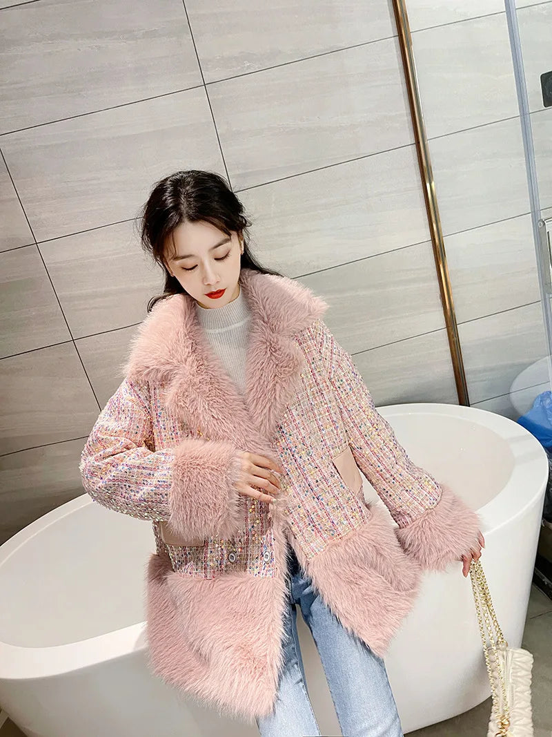 Glitter Coarse Wool Blended Fur Coat Long Sleeve Loose Coat