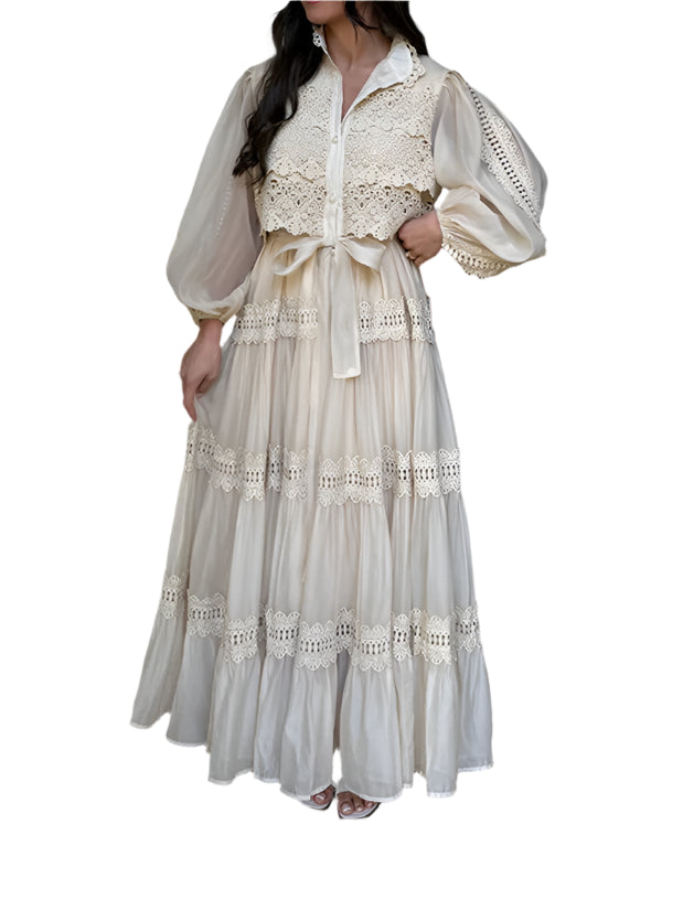 Long Sleeve Hollow Out Floral Dress Women Elegant Lapel Lantern Sleeves Maxi Dresses