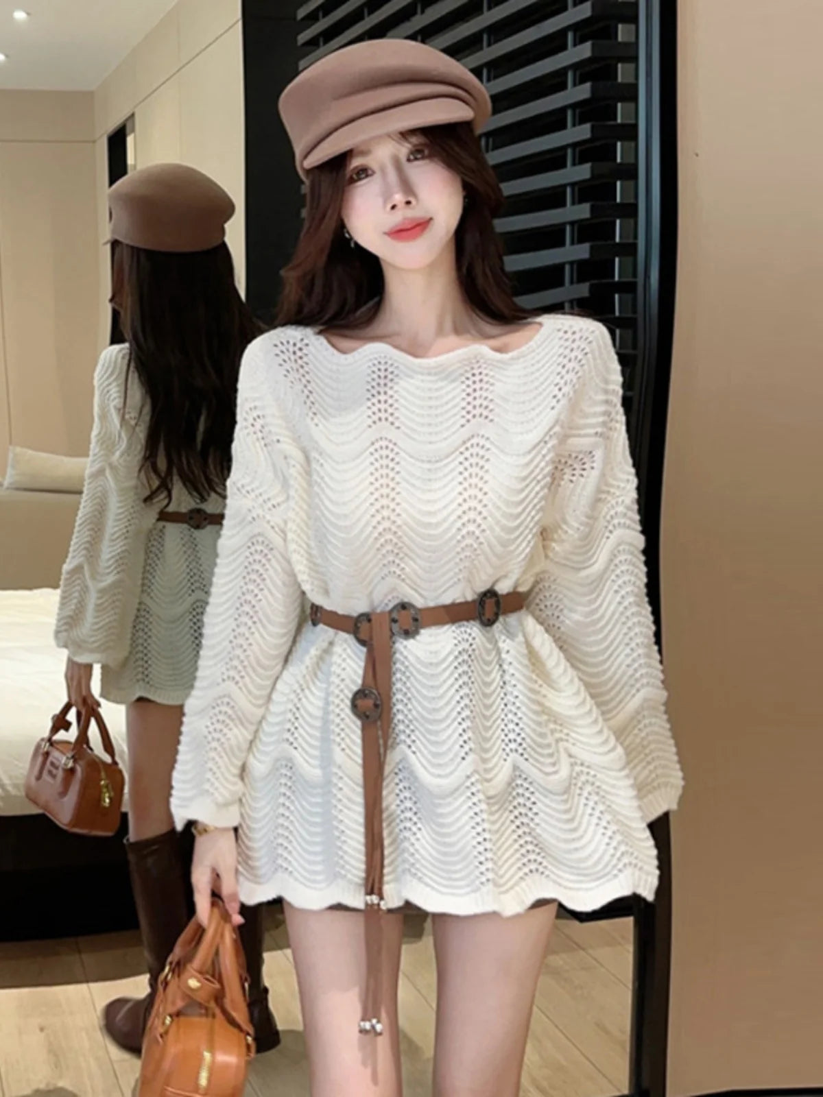 Women Tunic Sweater Pointelle Knit Long Sleeve Jumper for Leggings Cozy Knitwear