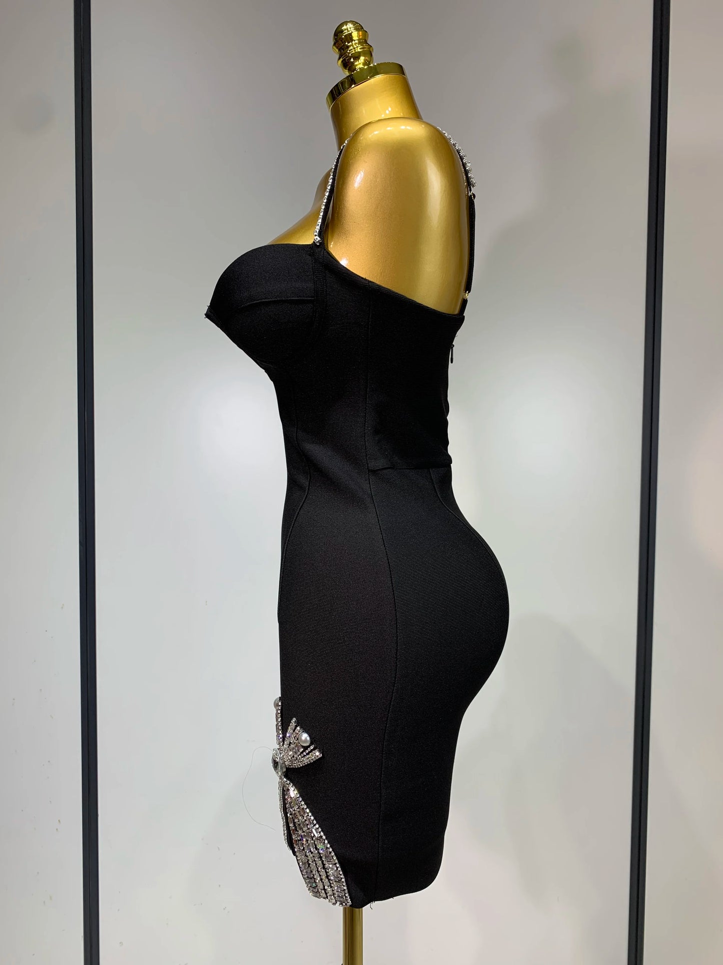 Women Celebrity Sexy V Neck Beading Black Mini Bodycon Bandage Dress