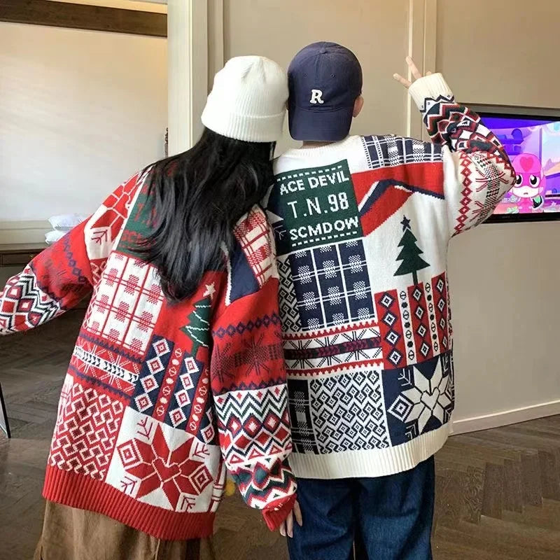 Christmas Style Pullover Sweater Women Y2K Crew Neck Couples Knit Sweater