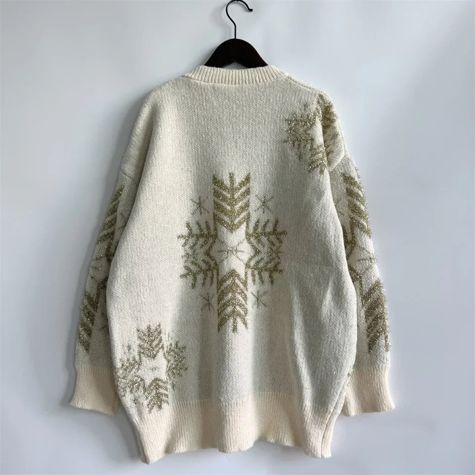 Loose-fit Line Big Snowflake Christmas Sweater Women's Pullover Thickened Crew Neck Sweater