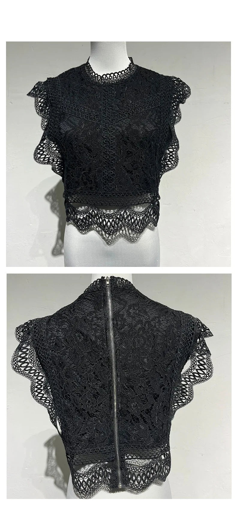 Women's Tank Blouses Hollow Black White Geometric Pattern Women Lace Chiffon Top