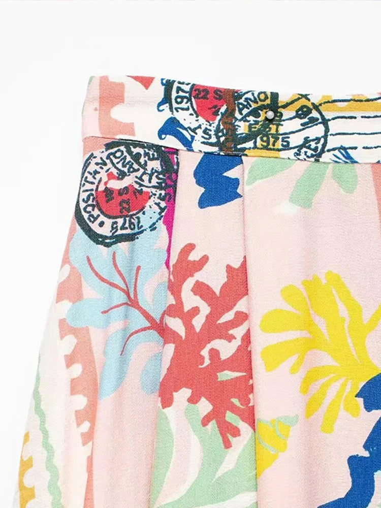 Colorful Printed Suspenders Skirt Set Women Patchwork Quilted High Waist Skirt Two Piece Summer