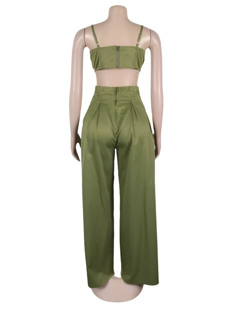 Sexy Zip Crop Camisole and High Waisted Drawstring Wide Leg Trousers 2 Piece Women Pants Suit Streetwear