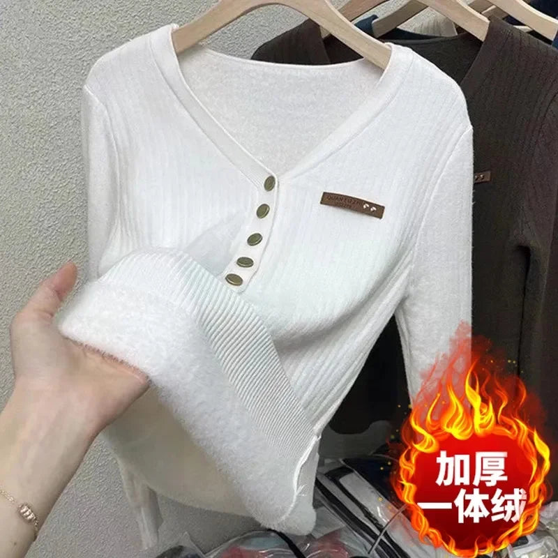 Thick Velvet V-neck Sweater Women Korean Fashion Lined Warm Knitted Pullover