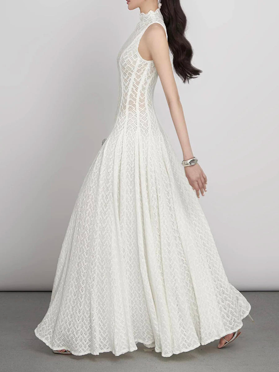Solid Spliced Appliques Loose Maxi Dress For Women O Neck Sleeveless High Waist Dress