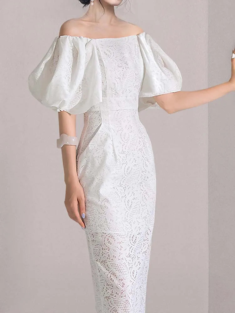 Women's White Midi Dress Elegant Lace One-Piece Collar Lantern Sleeve Hip Hugging Dress