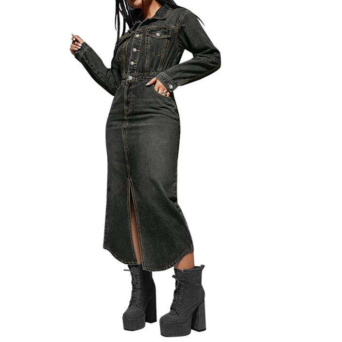 Streetwear Denim Dress Spring Clothes Women Turn Down Collar Up Jean Dresses Cowboy Dress