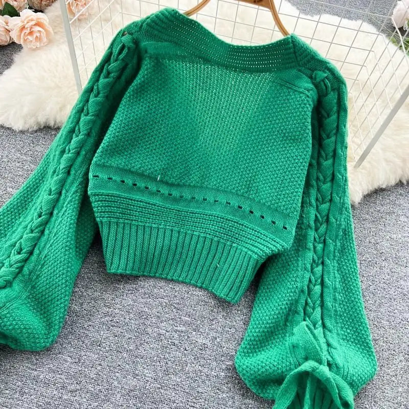 Green Casual Acrylic Knit V-Neck Lantern Long Sleeve Lace Up Women's Cardigan