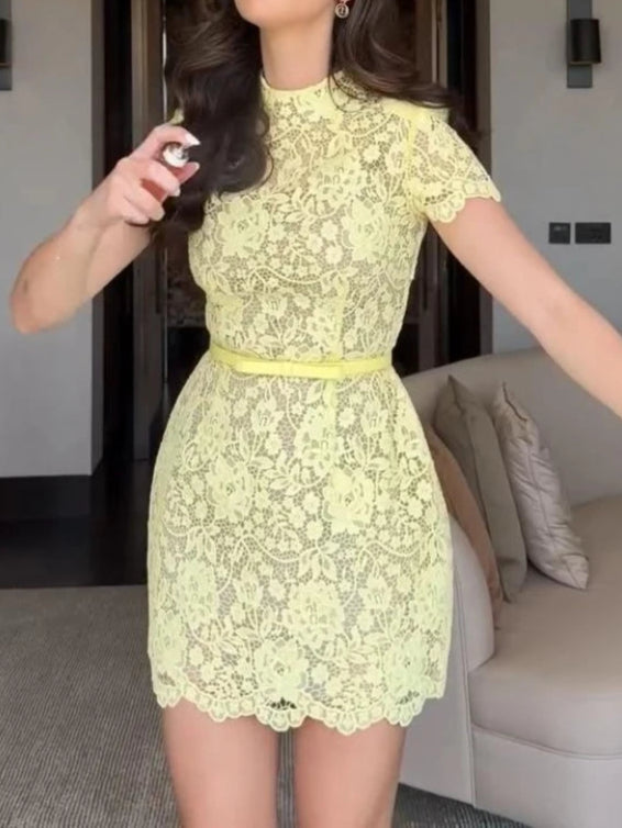 Sexy Lace Printed Women's Dress Elegant O-neck Short Sleeve High Waist Mini Dress