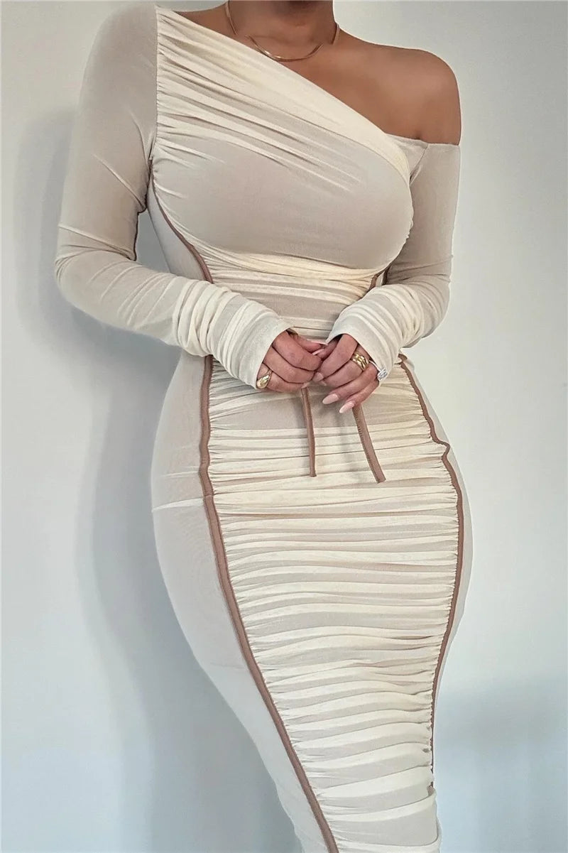 Diagonal Collar Long Sleeve Midi Bodycon Dress For Women Two Layer Mesh