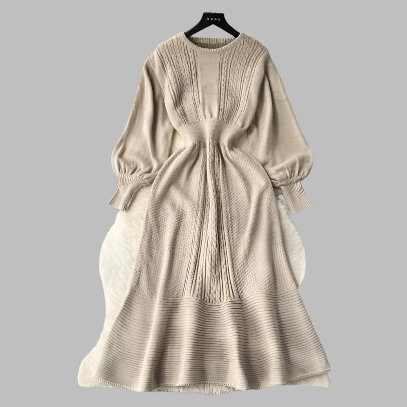 Lazy Style Round Neck Waist Wrapped Slim Mid Length Bubble Sleeve Knitted Dress