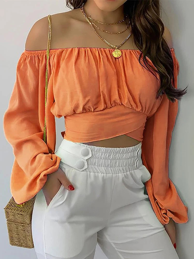 Women Sexy Off Shoulder Print Blouses Chic and Elegant Lantern Long Sleeve Cropped Top
