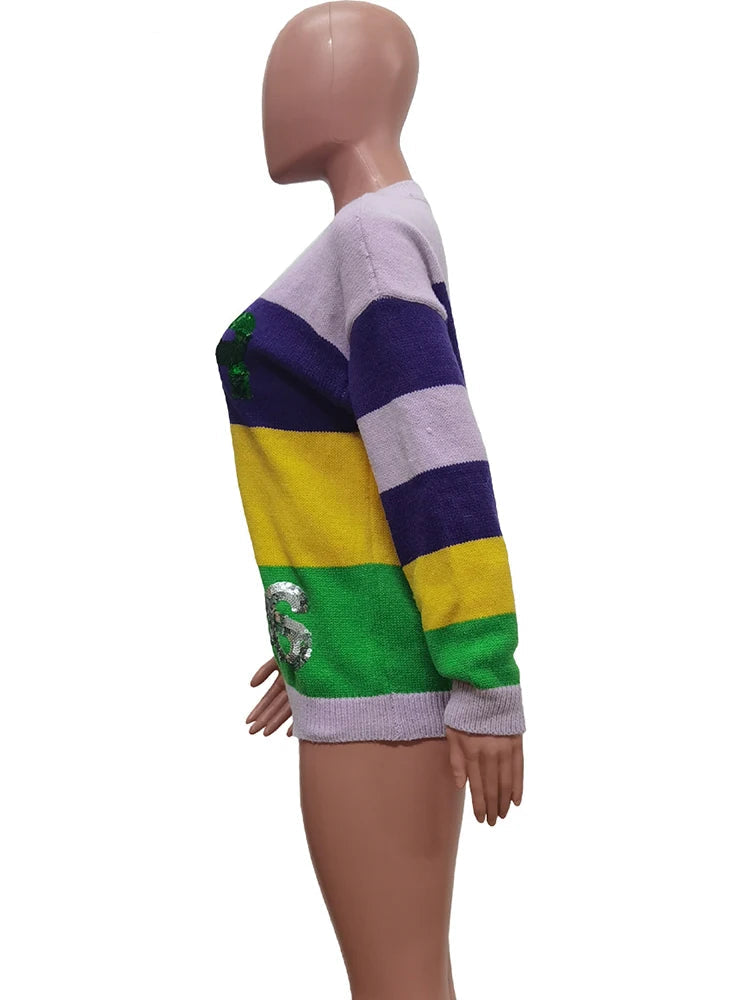 Elegant Sequin Letter Color Block Sweaters Women Loose Fit O Neck Knit Pullover