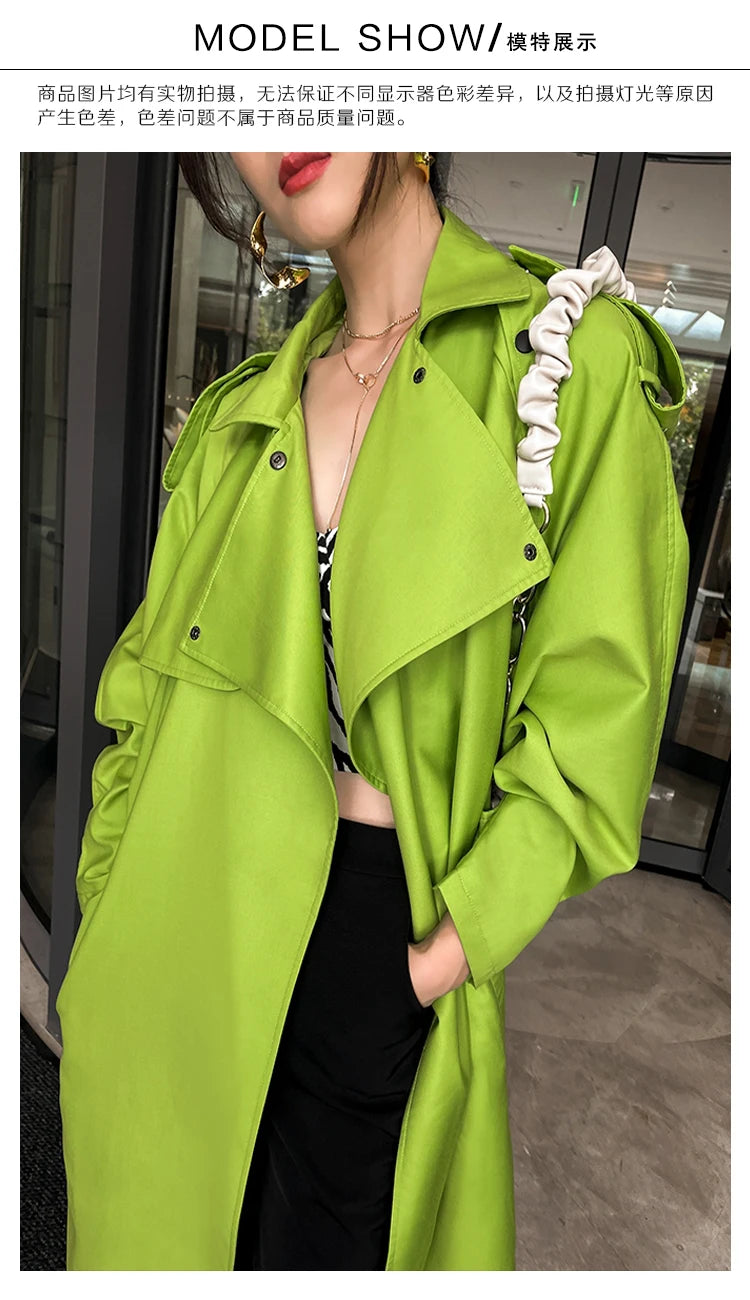 Luxury Long Oversized Bright Green Faux Leather Trench Coat for Women
