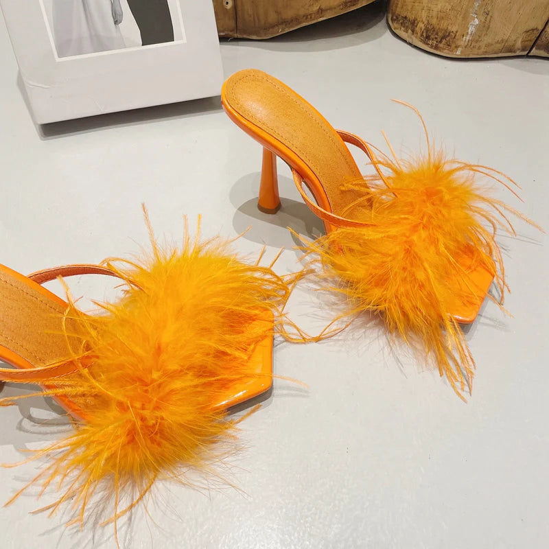Fur Feather High Heels Slippers Sandals Women Summer Mules Ladies Shoes