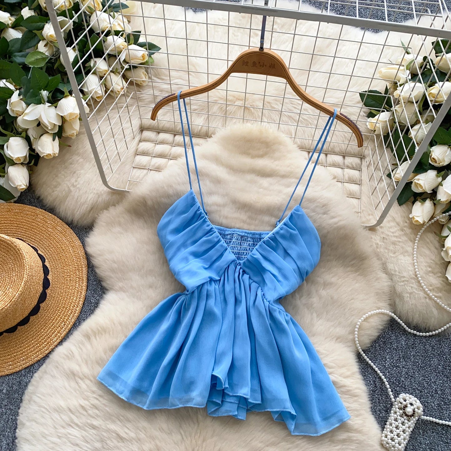 Chiffon Tops Straps Deep V Backless Top Ruffles Short Tank Top Vacation Style Sexy Tops
