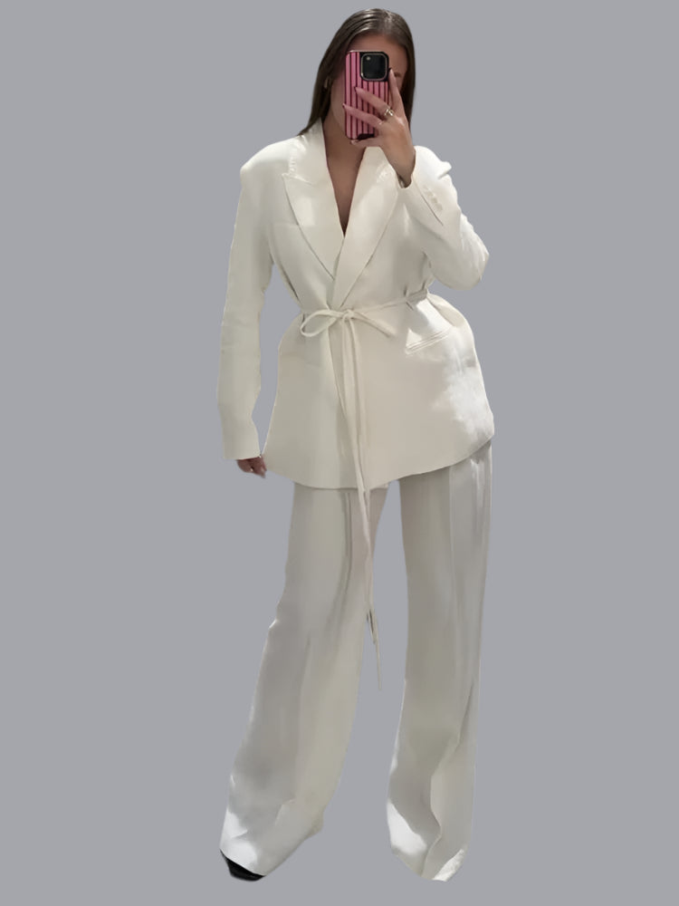 Elegant Blazer Pants Sets Women V-neck Lace up Jacket Full Sleeve Wide Leg Trousers Suit
