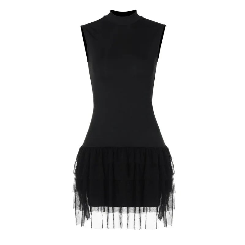 Black Mini Dress Sleeveless Mesh Patchwork Mini Evening Prom Dress Bodycon