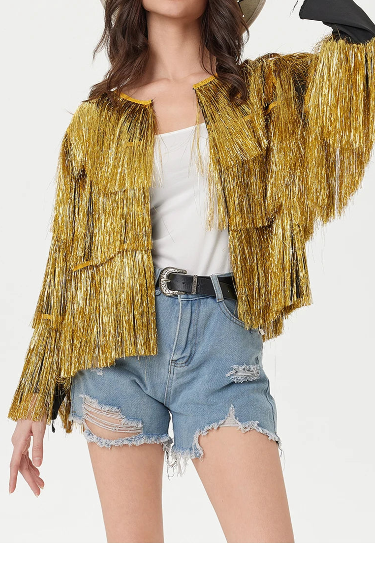 Tinsel Women Coat Temperament Club Coat Long Sleeve Trendy Fashion Sequins Tassel Jacket