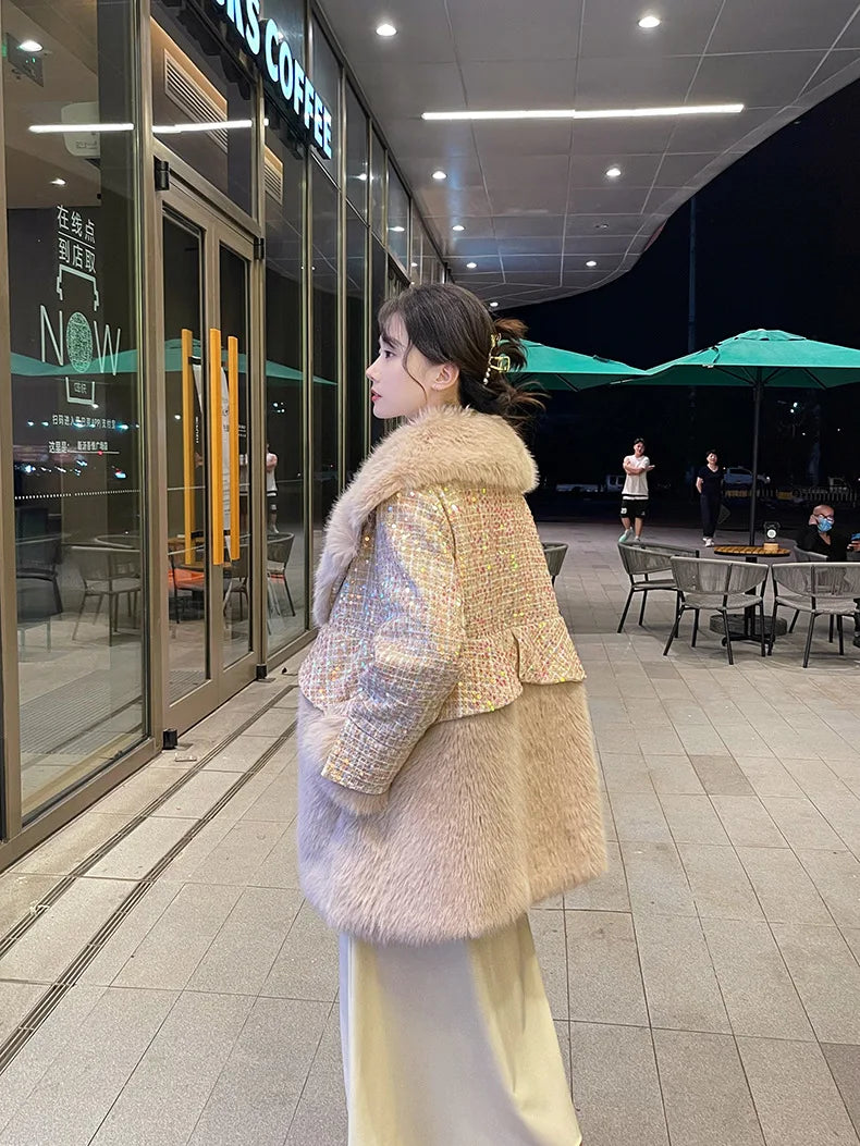 Winter Fur Coat Women Luxury Sequined Wool Faux Fur Long Jacket Fluffy Overcoat