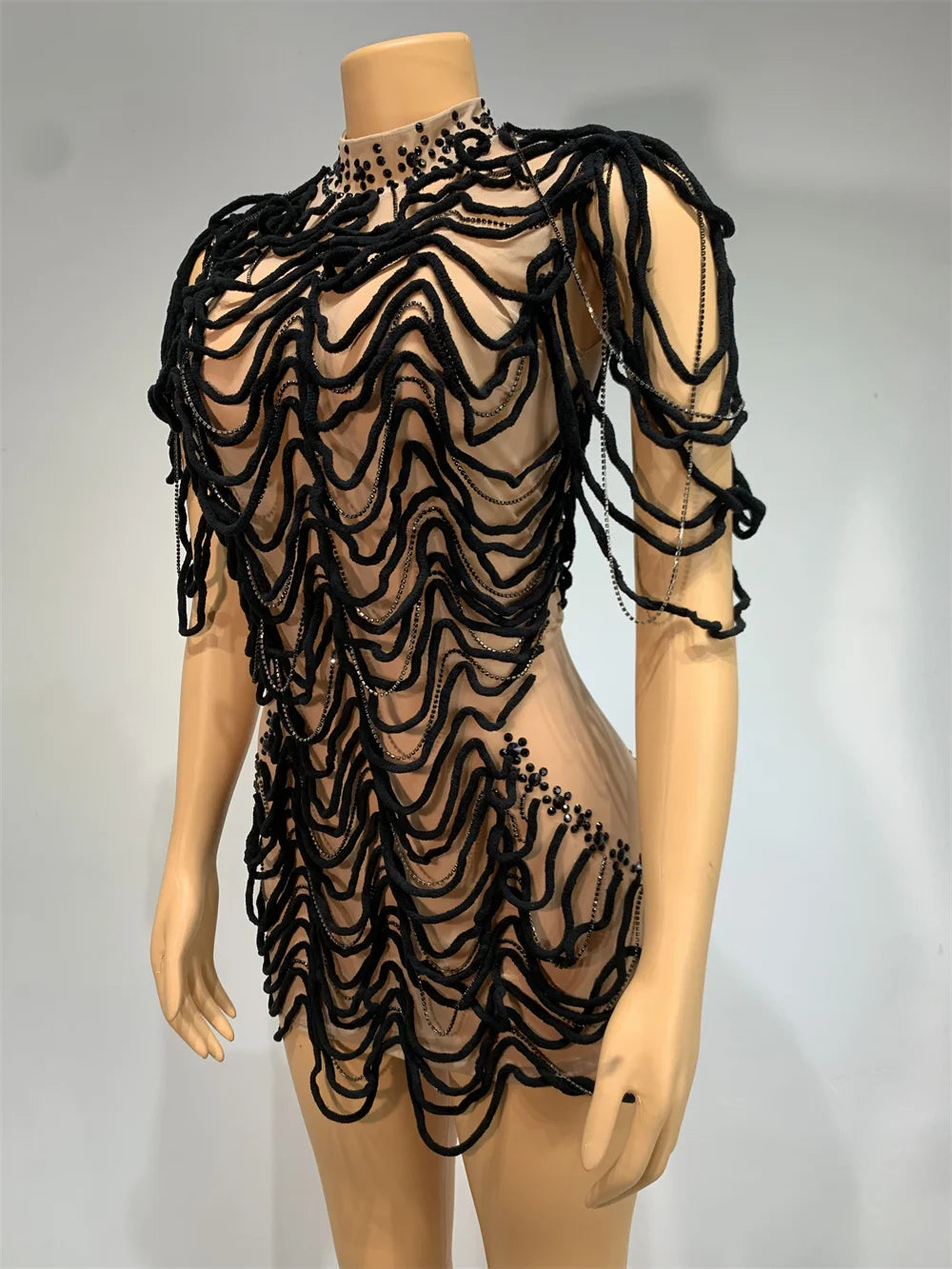 Mesh Rhinestones Chain Mini Dress Nightclub Party Performance Outfit