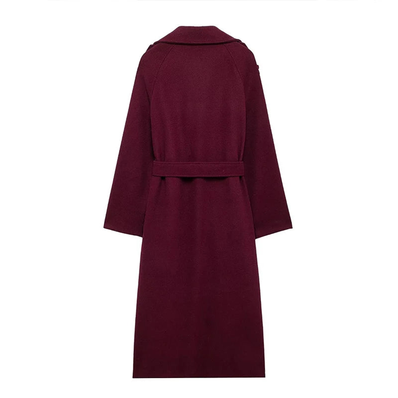 Urban Solid Double Breasted Long Women Coat Loose Full Sleeve Belt Double Breasted Jacket
