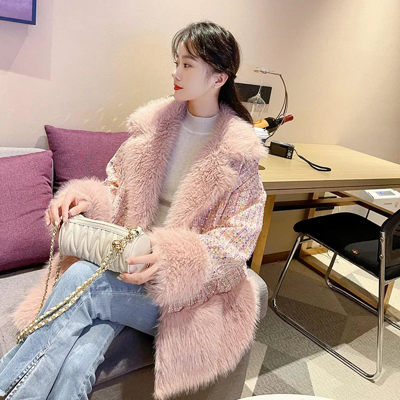 Glitter Coarse Wool Blended Fur Coat Long Sleeve Loose Coat