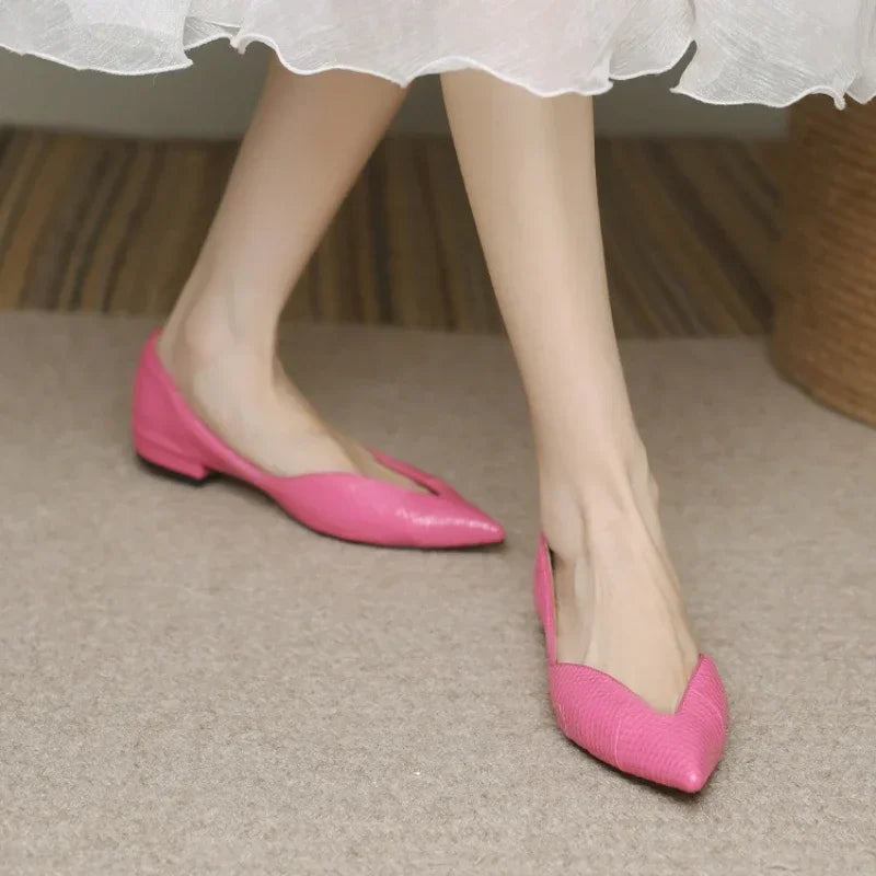 French Pointed Leather Shoe Simple Comfort Sheepskin Elegant Low Heel Shoes