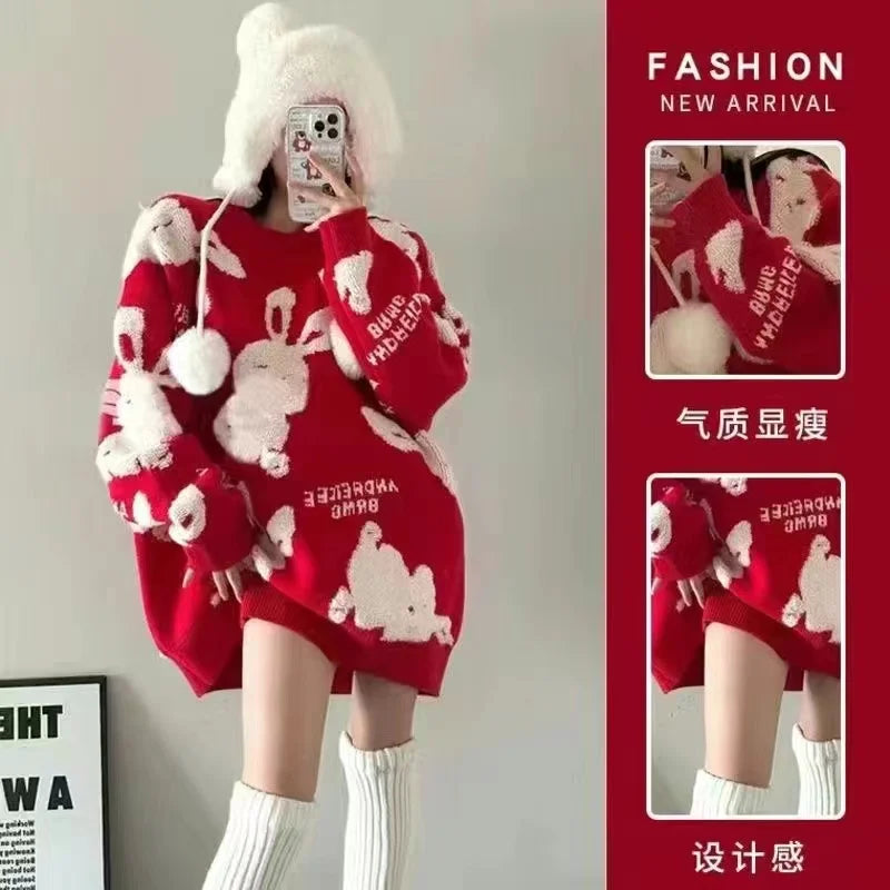Christmas Style Pullover Sweater Women Y2K Crew Neck Couples Knit Sweater