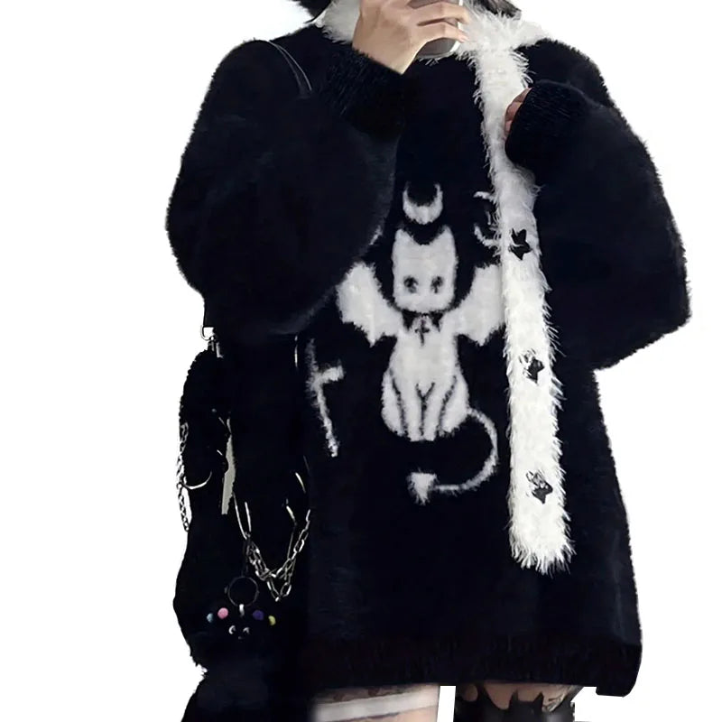 Gothic Casual Oversized Knitted Jumpers Grunge Cartoon Sweater Y2k Aesthetic Pullover