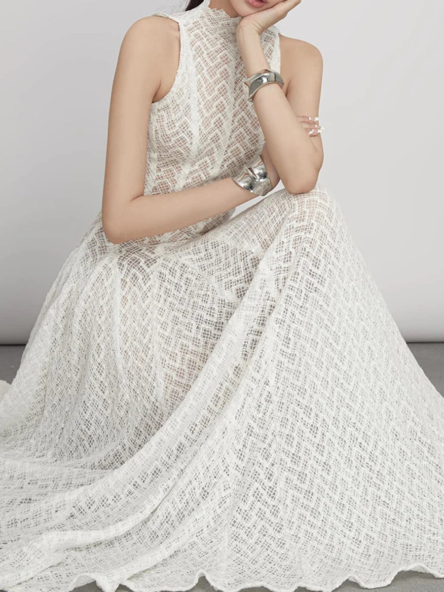 Solid Spliced Appliques Loose Maxi Dress For Women O Neck Sleeveless High Waist Dress
