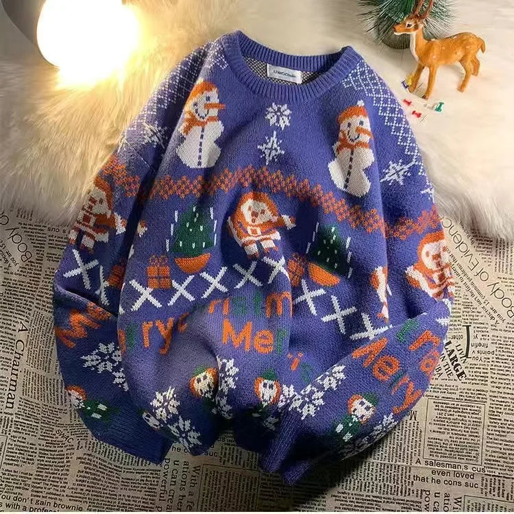 Christmas Style Pullover Sweater Women Y2K Crew Neck Couples Knit Sweater