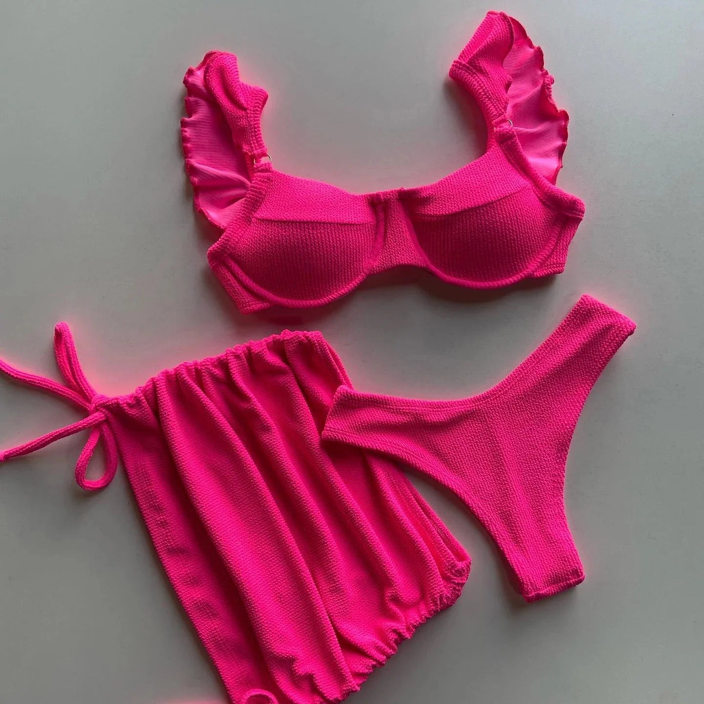 Solid Wavy Fabric Low Waist Ruffle Bikini Set Cover Up Swimsuit For Women