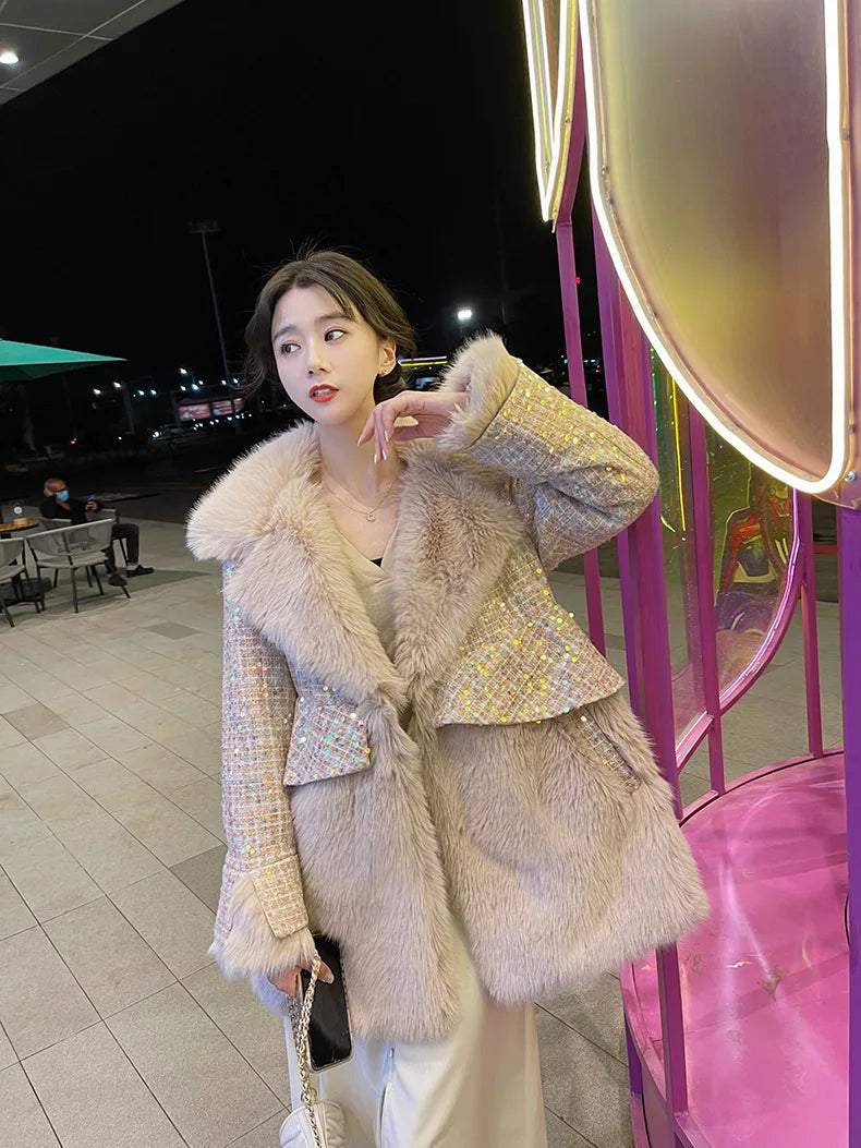 Winter Fur Coat Women Luxury Sequined Wool Faux Fur Long Jacket Fluffy Overcoat