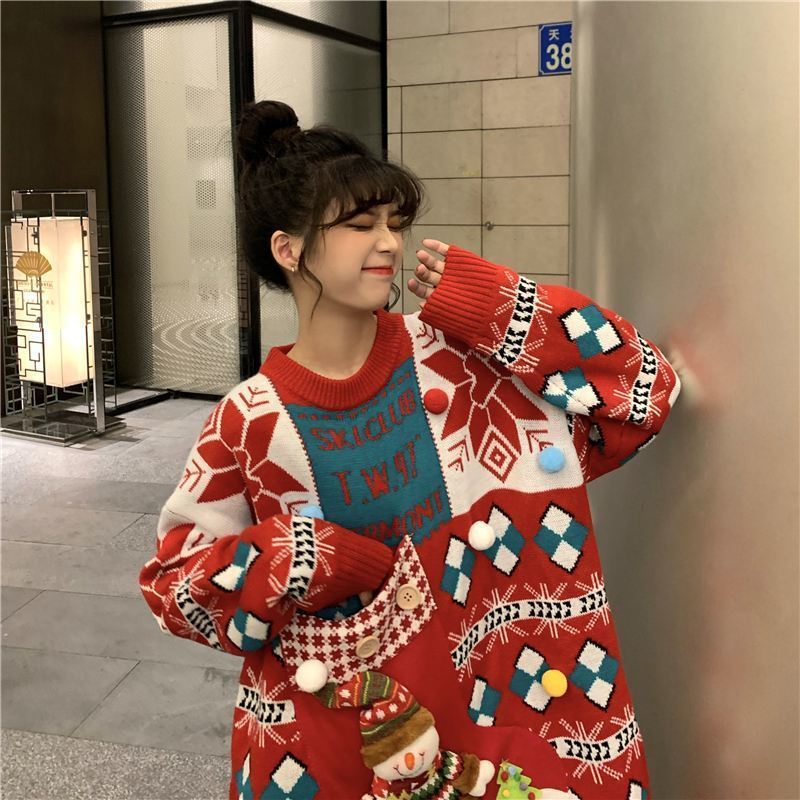 Knitted Pullover Loose Lazy Contrasting Colors Winter Sweater Christmas Sweater