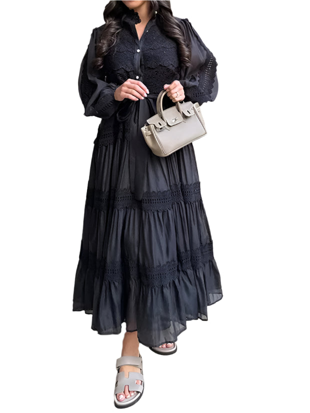 Long Sleeve Hollow Out Floral Dress Women Elegant Lapel Lantern Sleeves Maxi Dresses