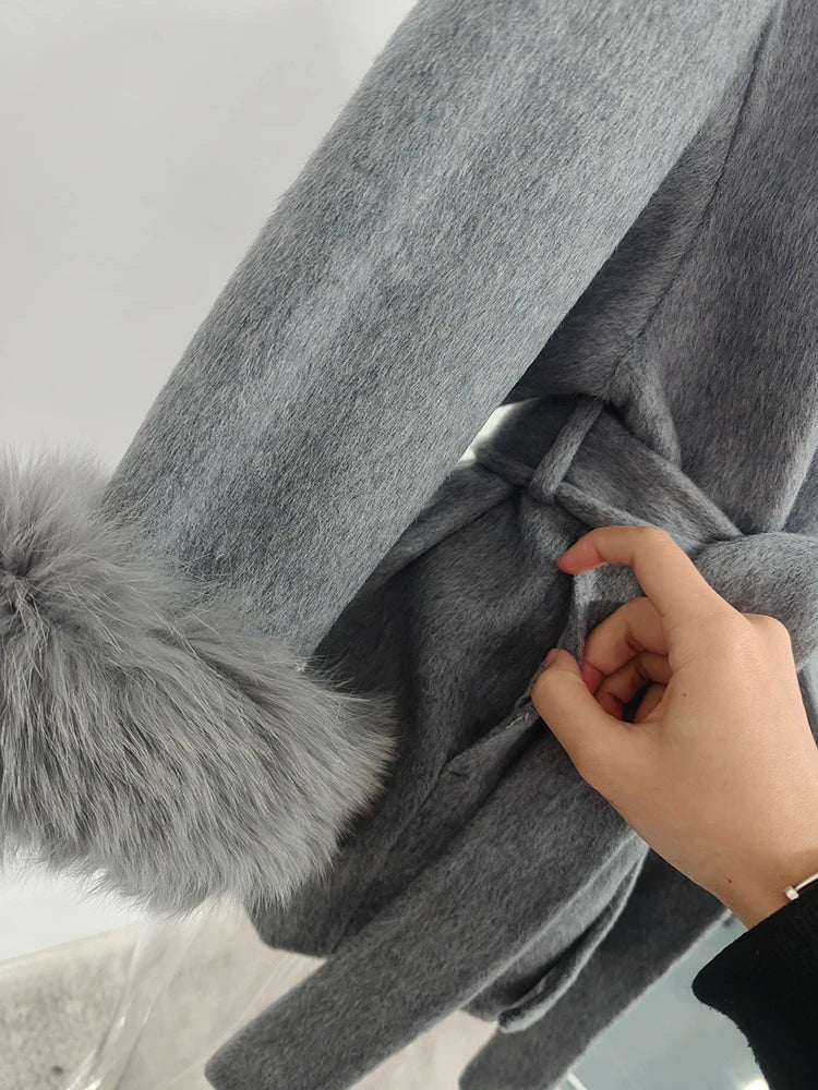 Women Overcoats Fur Patchwork Long Sleeve Woolen Coat