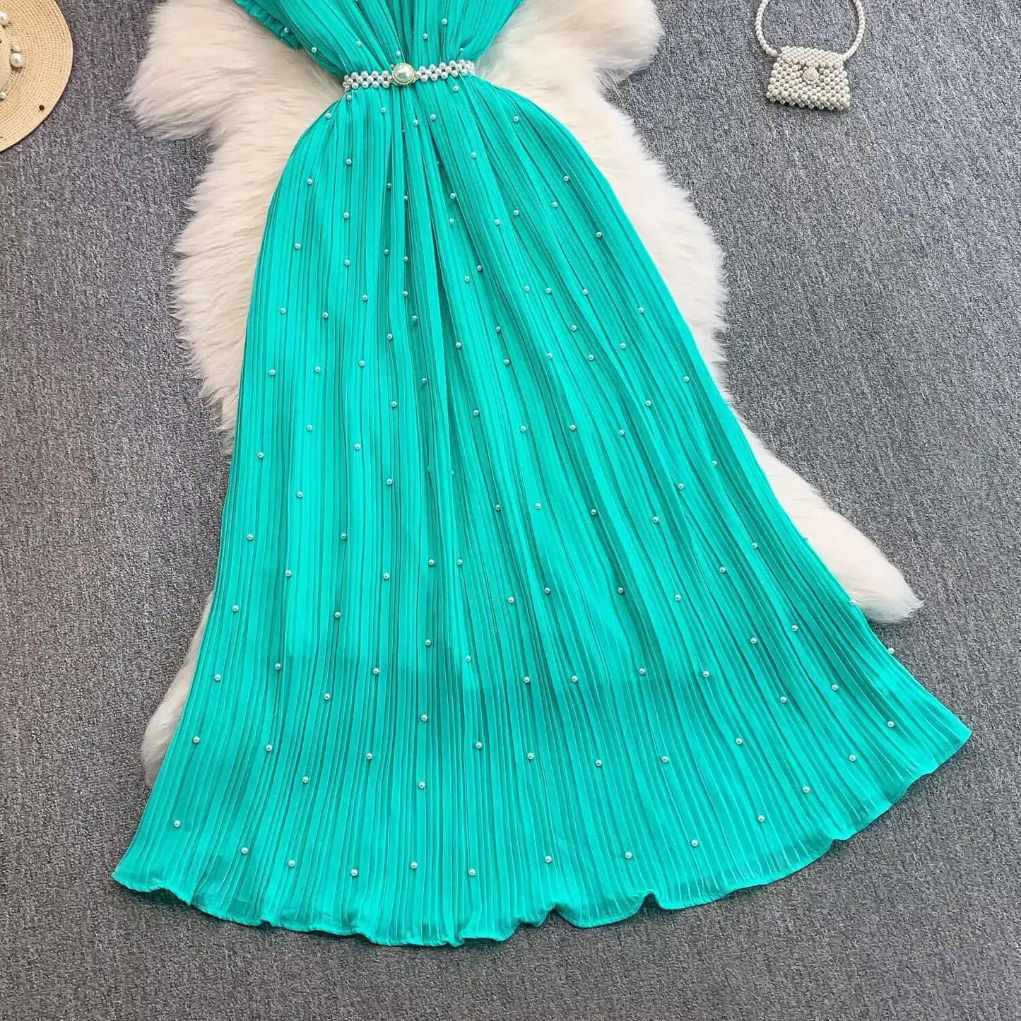 Summer Luxury Pearls Long Chiffon Dress For Women Loose Big Size Short Sleeve Crystal Birthday Evening Midi Pleated Dresses