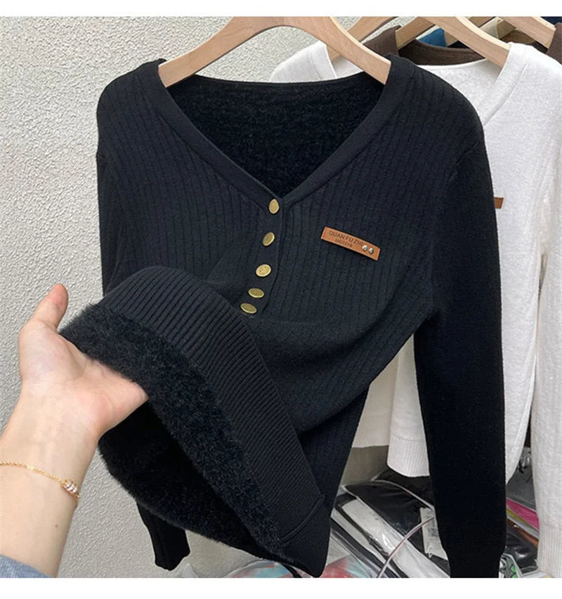 Thick Velvet V-neck Sweater Women Korean Fashion Lined Warm Knitted Pullover