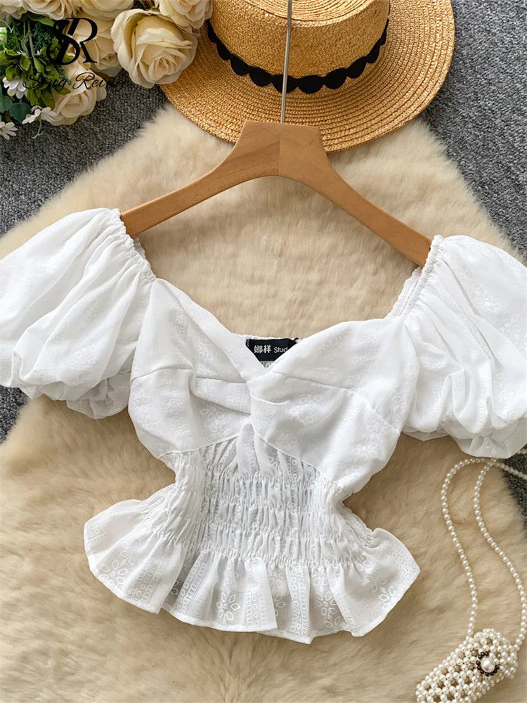 Jacquard Blouse Square Collar Puff Sleeves Elastic Slim Crop