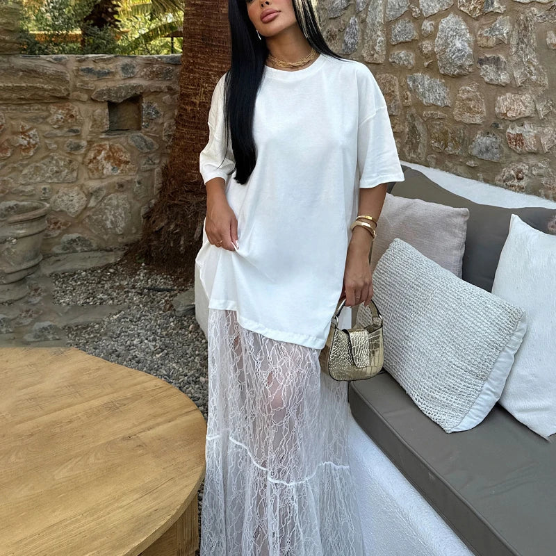 Lace Dress Round Neck Shirt with Stitching Lace Trim Women's Dress