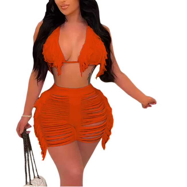 Women Fringe Tassel Bikini Shorts Set Hollow Out Jamaican Crochet Swimwear Summer Beach Knitted Cover Up Swimsuit