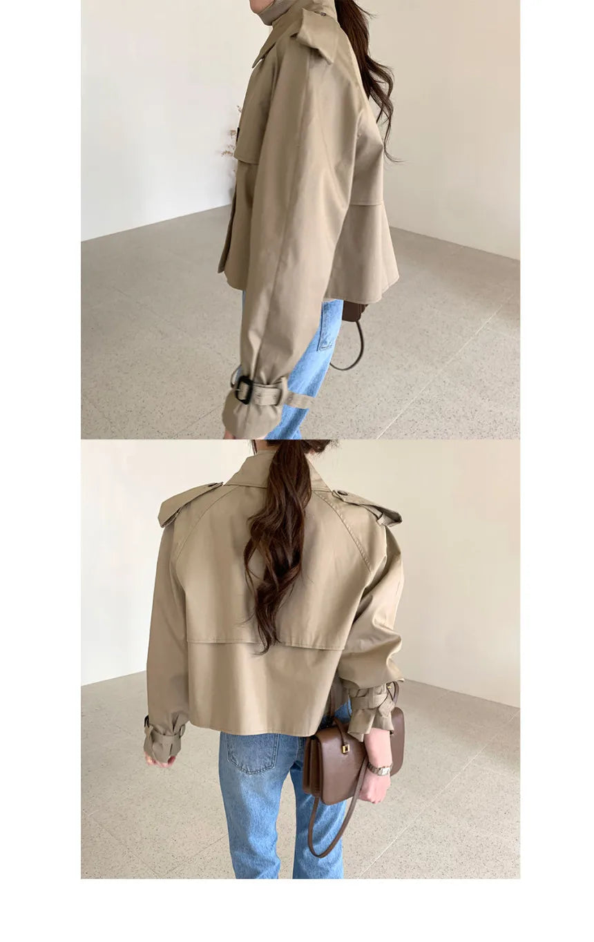Vintage Double Breasted Crop Jacket Trench Jackets Women Loose Chic Windbreaker